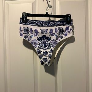 Farm Rio Blue and White Delicate Tapestry High Waist Swim Bottoms